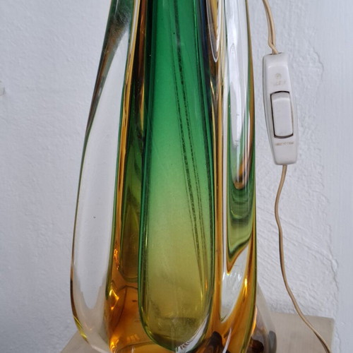 Murano Sommerso Table Lamp used, hand-blown green and amber glass with brass ring