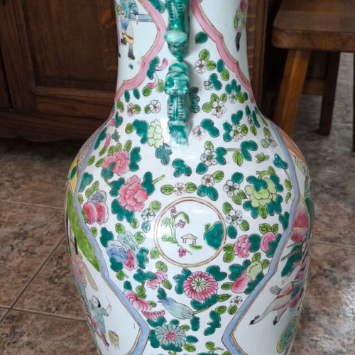 Pair of large Chinese porcelain vases with wooden stands, 1970s