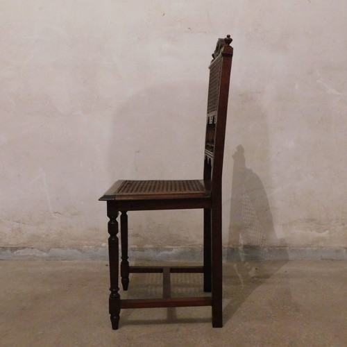 Wood-carved wicker chairs used, set of four, French made