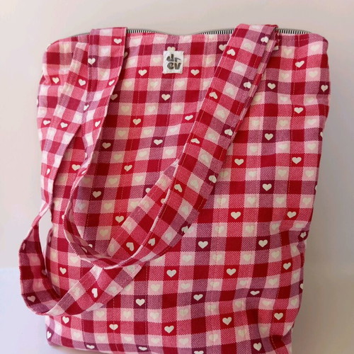Tote bag red with hearts and pink puffy heart new