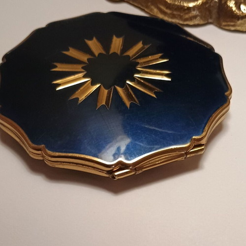 Vintage Stratton powder case used with mirror, blue and gold enamel