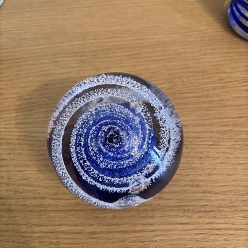 Bohemian Crystal Paperweight with Blue and White Swirls like new