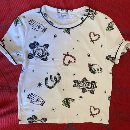 Bershka tattoo art slim short-sleeve shirt like new, large, white