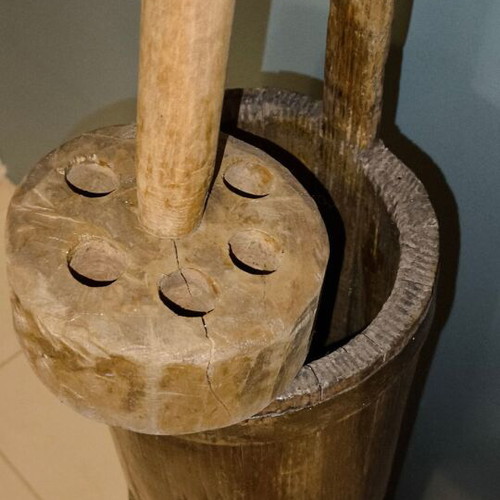 Wooden vintage butter churn Kadhi with butter paddle used