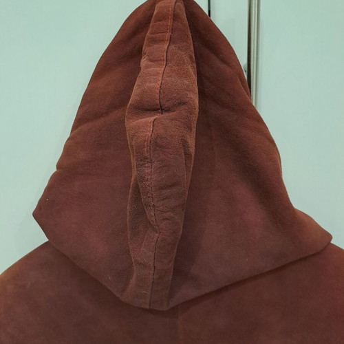 Men's suede jacket used, vintage brown-burgundy with hood, size M
