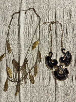 Maximalism jewelry necklaces, blue and gold tone, set of 2