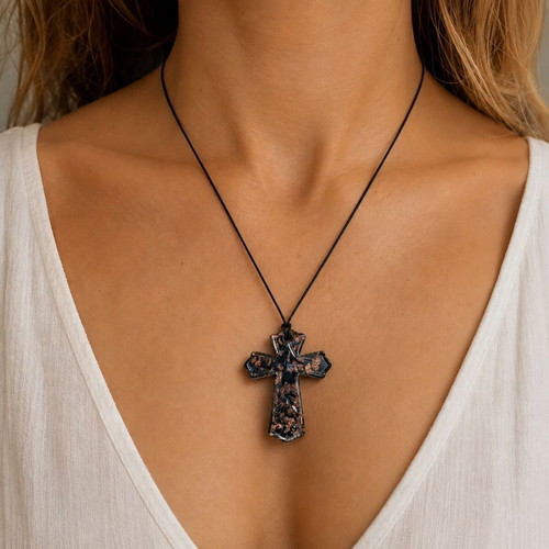 Murano Glass Necklace with Leather Strap new, black and gold