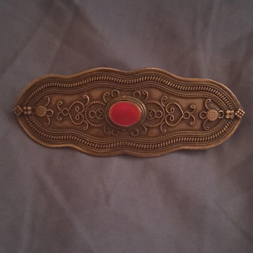 Metal hair barrette with red stone, antique style