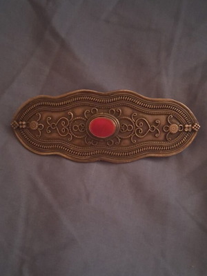 Metal hair barrette with red stone, antique style
