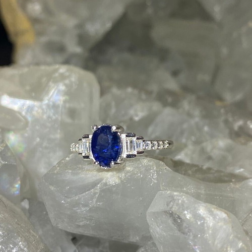 Handmade silver ring with natural blue sapphire and moissanites, size 17mm