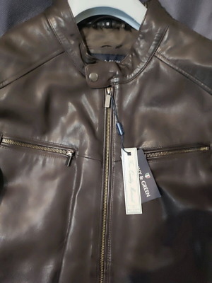 Leather biker jacket Navy & Green brown new size L