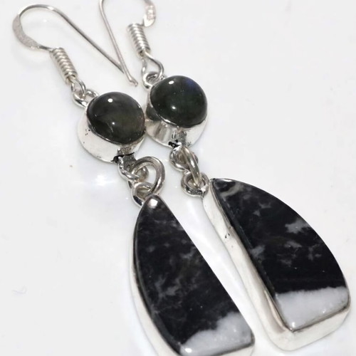 White Buffalo earrings with turquoise fiery labradorite, silver plated