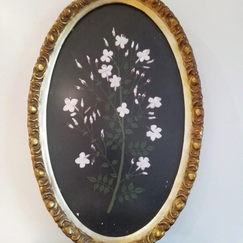 Embroidery in wooden carved frame handmade of exceptional quality