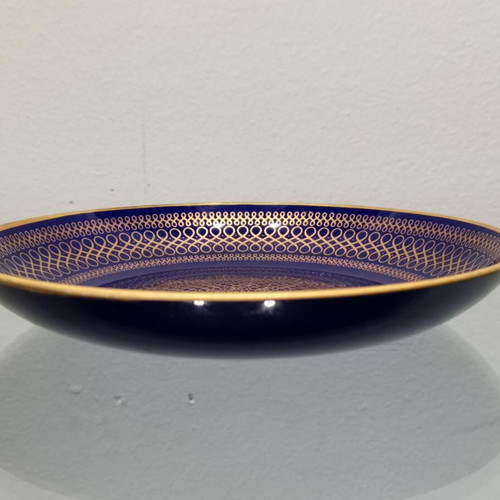 Glass decorative plate used, vintage blue with gold designs