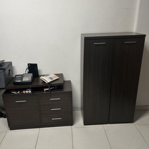 Office furniture set with wardrobe, drawers and support unit, dark wood