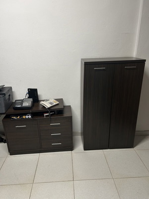Office furniture set with wardrobe, drawers and support unit, dark wood
