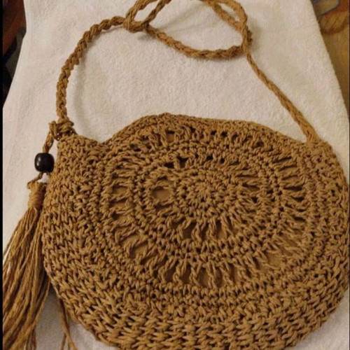 Crochet Crossbody Bag Boho with Tassel in Beige and Brown, New