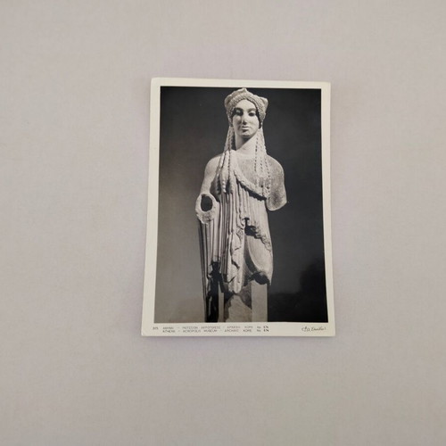 Black and white postcard Athens Acropolis Museum Archaic Kore used, 60s era
