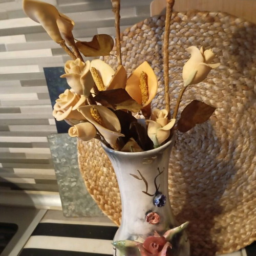 Vintage gypsum flowers used with faience vase