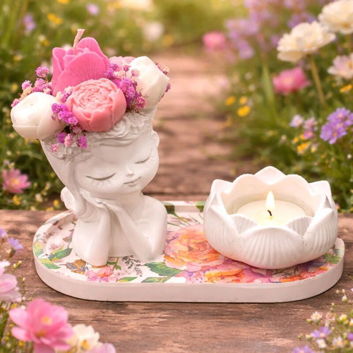 Porcelain set with decorative girl and scented candle new