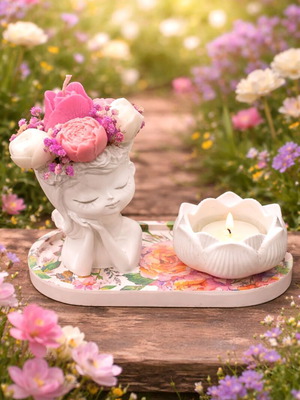 Porcelain set with decorative girl and scented candle new