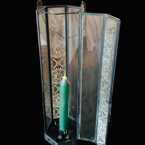 Lantern used, black with decoration on glass parts, opening design