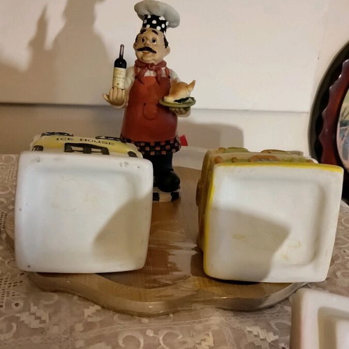 Kitchen spice set like new with ceramic jars and bamboo wooden tray