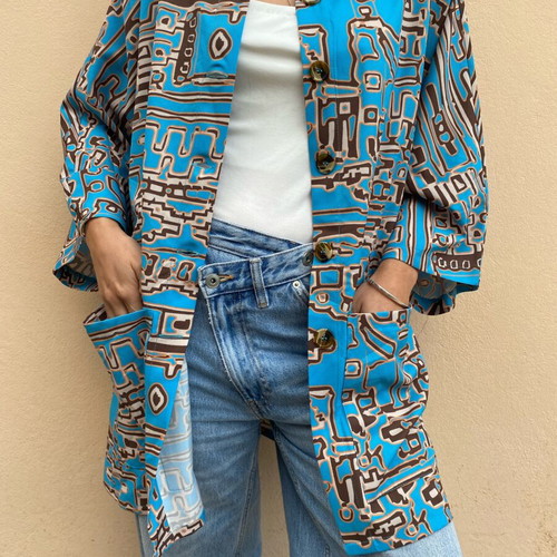 Shirt blue with brown patterns new Kado handmade clothes