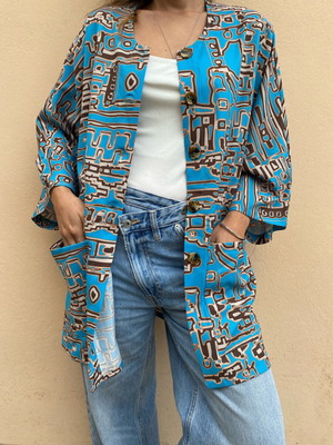Shirt blue with brown patterns new Kado handmade clothes