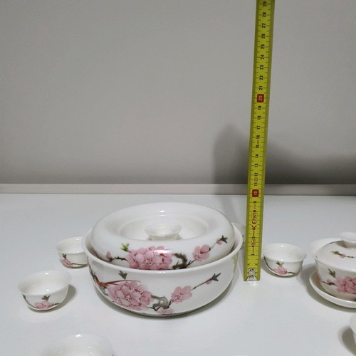 Jingdezhen porcelain Chinese tea set used, 11 pieces with case