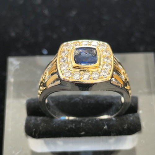 Men's Two-Tone Ring with Blue Zircon and White Stones new