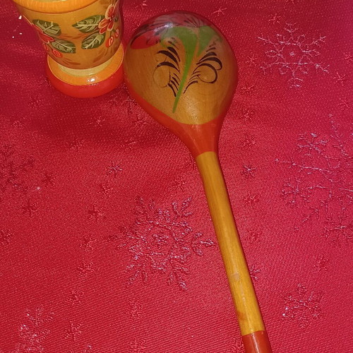 Handmade wooden decorative set with spoon and lidded container like new