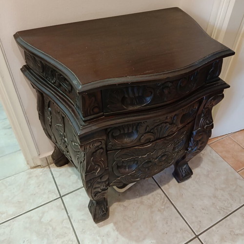Hand-carved solid walnut mirror and bedside table