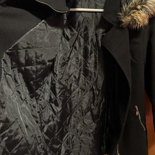 Black coat with hood used, size XL, fur trim
