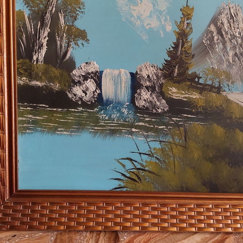 Idyllic Mountain Landscape with Cabin and Waterfall - Oil Painting
