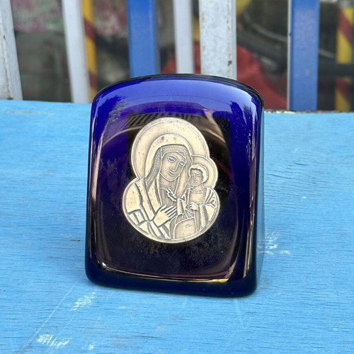 Vintage blue glass paperweight with silver Panagia icon used