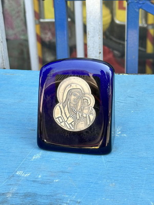 Vintage blue glass paperweight with silver Panagia icon used