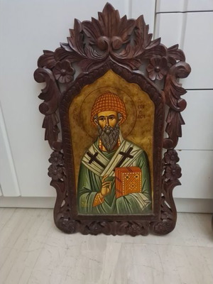 Αγιογραφία Αγίου Σπυρίδωνος με σκαλιστή χειροποίητη κορνίζα καινούργια