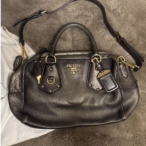 Prada Bowling Leather Handbag Bronze Gold Silver Like New