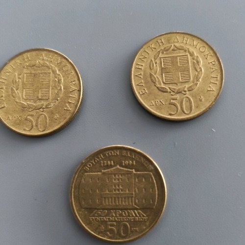 Set of 3 used Greek 50 Drachma coins, Solomos and Karaiskakis