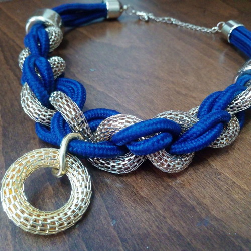 Oversized statement necklace with knitted chains used, blue and gold
