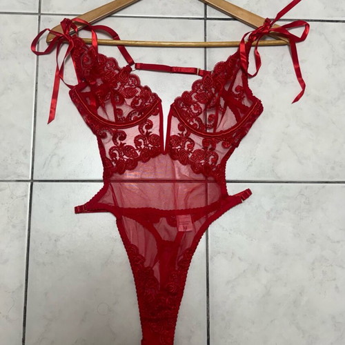 Red lace mesh body lingerie bodysuit new