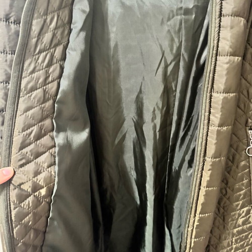 Long quilted jacket with hood like new, khaki, size L