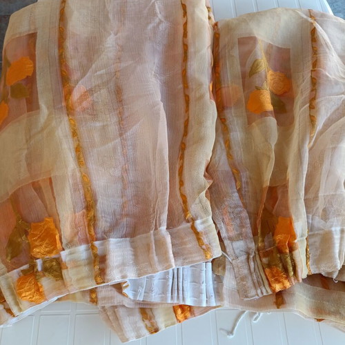Curtains organza with embossed yellow flowers and orange stripes, new set of 2