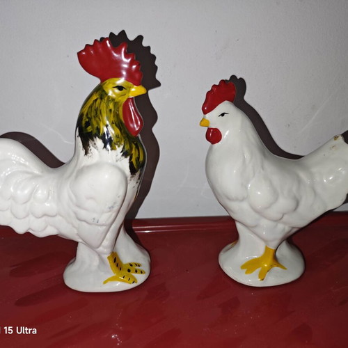 Vintage ceramic rooster and hen set used