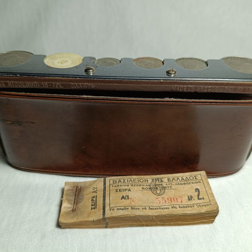Bus Conductor Coin Case from 1960s with Coins and Ticket Bundle used