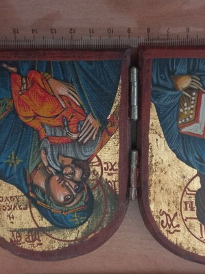 Handmade Diptych Icon with Virgin Mary and Jesus Christ by Georgios Evangelopoulos