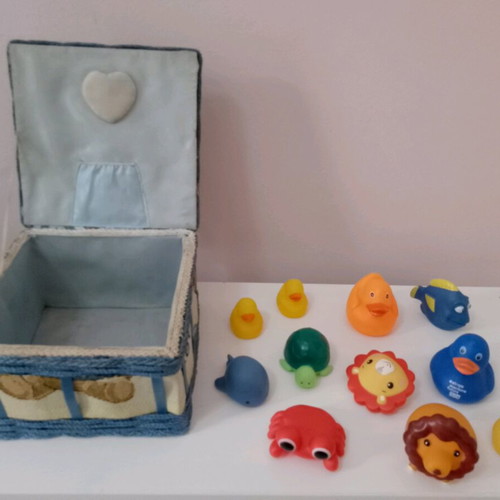 Bath toys and toy box used, set of 11 pieces