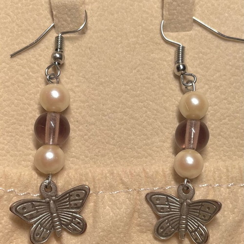 Silver earrings with butterflies, pink beads and white pearls, new