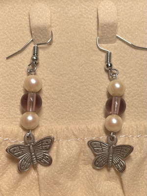 Silver earrings with butterflies, pink beads and white pearls, new